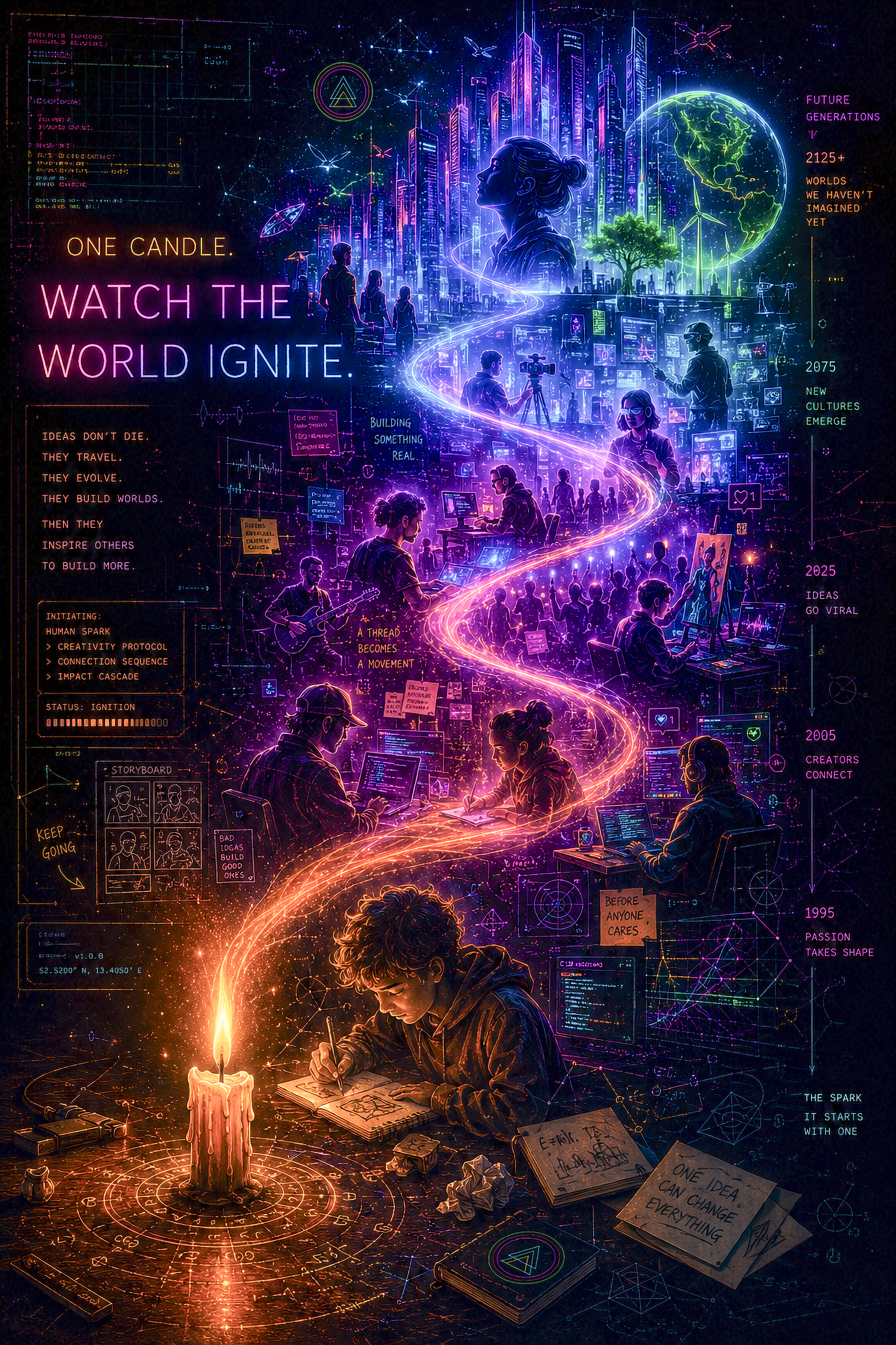 A neon-colored digital artwork depicting a futuristic cityscape with skyscrapers, a large glowing globe, and a woman’s face silhouette overlooking the scene. Several people are engaged in creative activities, such as drawing, filming, and working on computers. The artwork includes various motivational quotes, symbols, and timelines highlighting innovation and inspiration from 1995 to 2125. Bright swirling light trails connect the scenes, emphasizing progress and interconnected ideas.