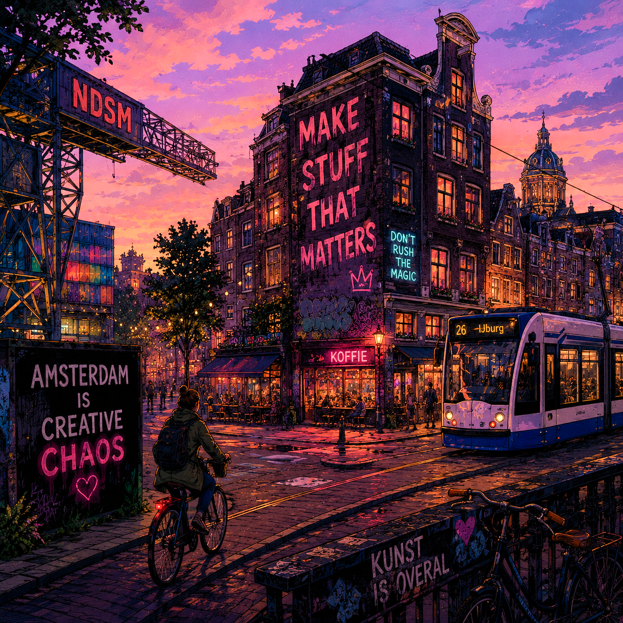 A vibrant city scene in Amsterdam during sunset with colorful sky, graffiti, neon signs, a tram, a cyclist, outdoor cafe, and buildings with illuminated windows.