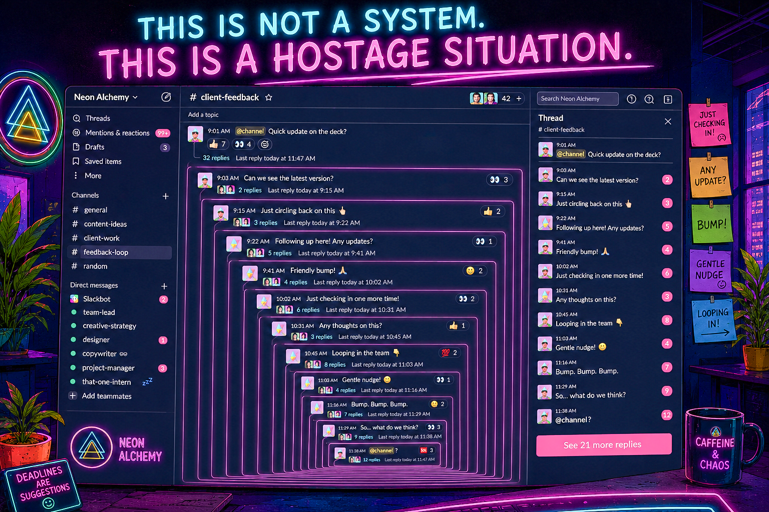 Neon-lit digital workspace with a dark background, featuring a Slack chat interface with multiple conversations, colorful sticky notes on the wall, potted plants, and a mug labeled 'CAFFEINE & CHAOS'.