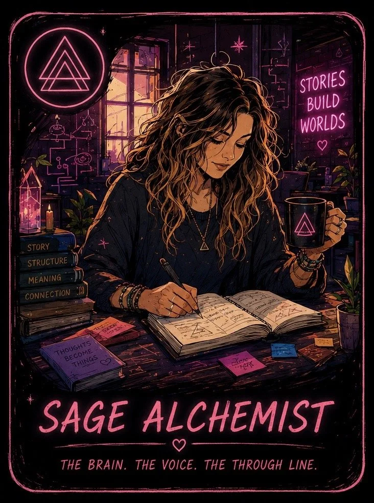 An illustrated woman with long, curly hair sitting at a desk, writing in a large open notebook. She holds a mug with a triangular symbol and is surrounded by books, sticky notes, and plants. The background features neon signs with symbols and phrases like 'Stories Build Worlds.' The overall vibe is mystical and creative, with dark, purple, and pink lighting.