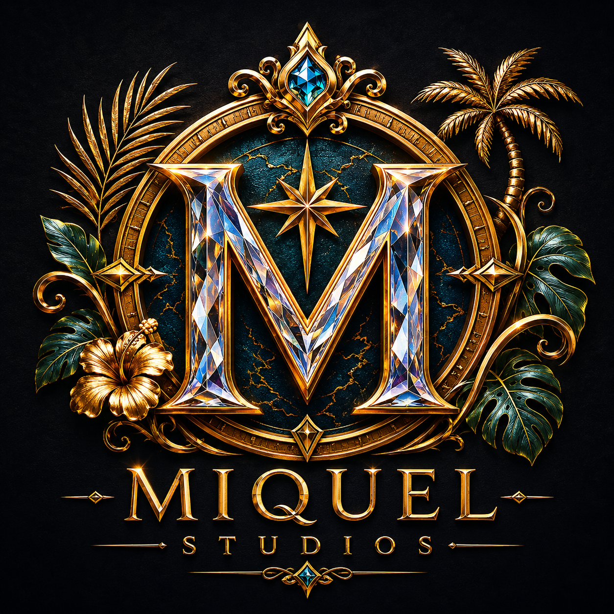 A luxurious logo for Miquel Studios featuring a large, sparkling letter 'M' surrounded by gold and jewel accents, tropical leaves, and a compass star, all set against a dark background.