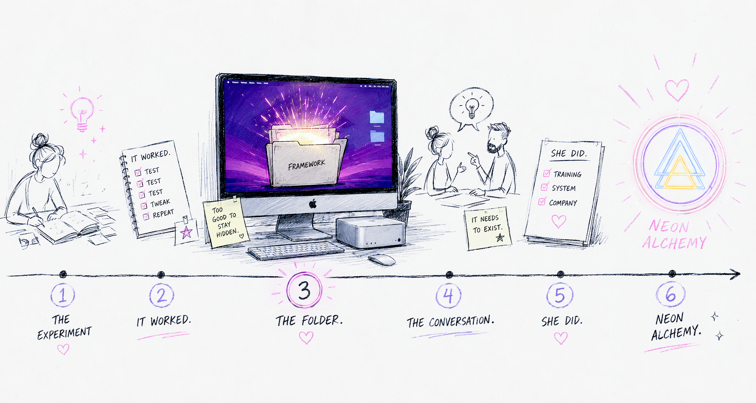 A hand-drawn infographic with six steps labeled 1 to 6, illustrating a process related to software development or problem-solving. The steps include titles such as "The Experiment," "It Worked," "The Folder," "The Conversation," "She Did," and "Neon Alchemy." There is a computer monitor at the center displaying a folder labeled "Framework," surrounded by pink and yellow neon-style graphics. Small notes and icons accompany the steps, with some notes reading "It worked," "Too good to stay hidden," "It needs to exist," and a large neon triangle symbol on the right with the words "Neon Alchemy." The drawing features sketches of people, sticky notes, and decorative elements, with a creative, tech-inspired theme.