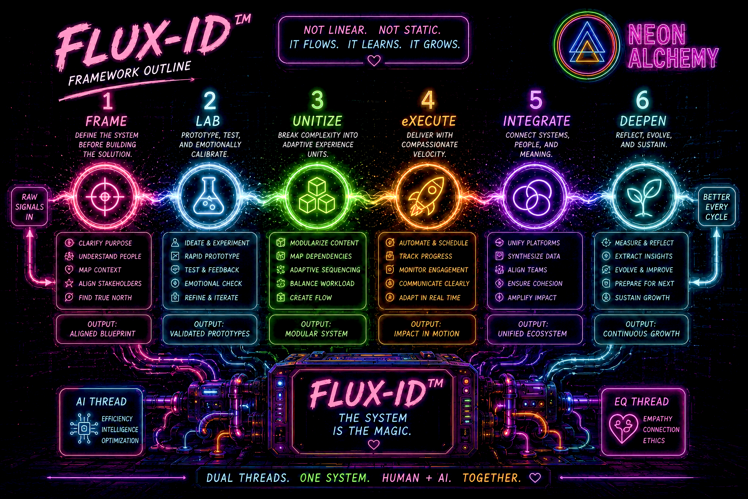 Bright neon-style infographic of Flux-ID framework outline with concepts like define, prototype, empower, analyze, reflect, integrate, deepen, and improve, presented with colorful icons and text on a dark background.