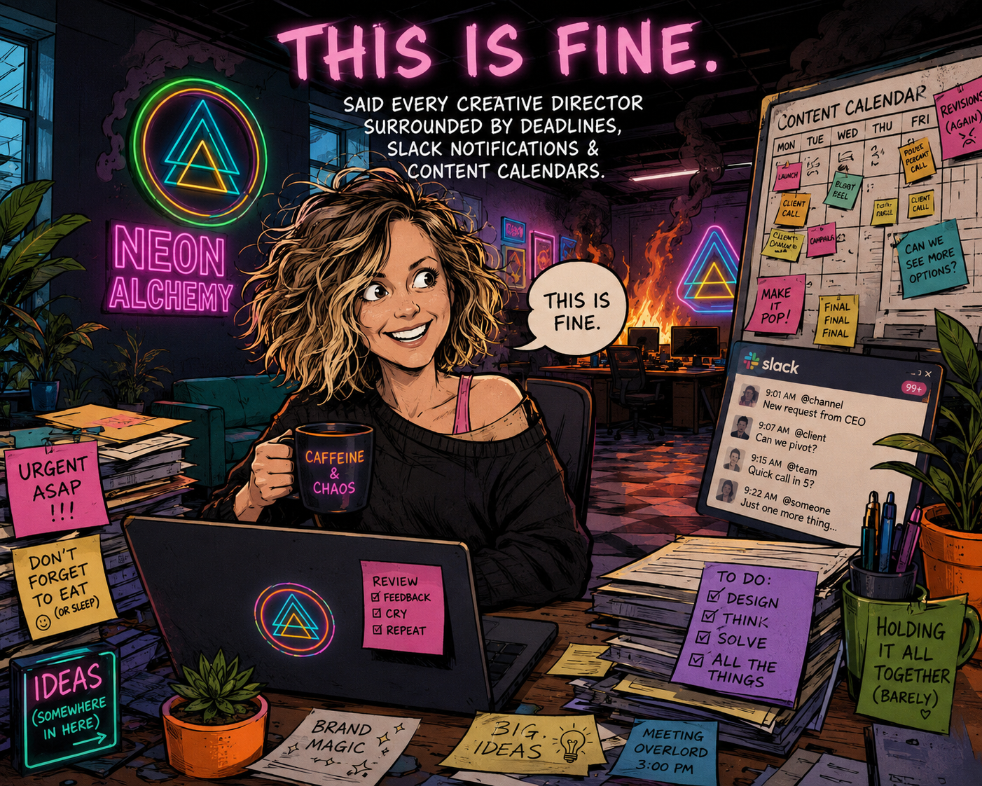 An animated depiction of a woman with curly hair sitting at a cluttered desk in a neon-lit office, holding a mug that says 'CAFFEINE & CHAOS'. She is smiling and saying, 'This is fine.' The office is decorated with neon signs, sticky notes, and a large content calendar with various tasks. The scene includes a Slack notification window and various motivational and humorous sticky notes about work and deadlines.