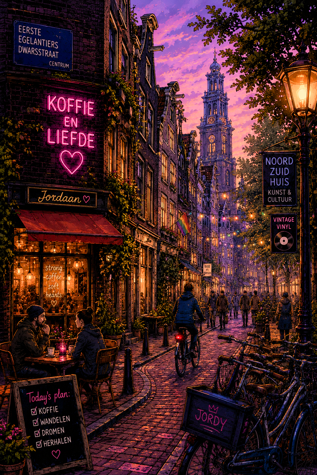 A lively street scene at sunset in a European city, with people walking and cycling, cafés with warm lighting, neon signs including one that reads 'Koffie en Liefde' with a heart, and historic buildings with a church tower in the background. There are bicycles parked on the cobblestone street and colorful string lights overhead.