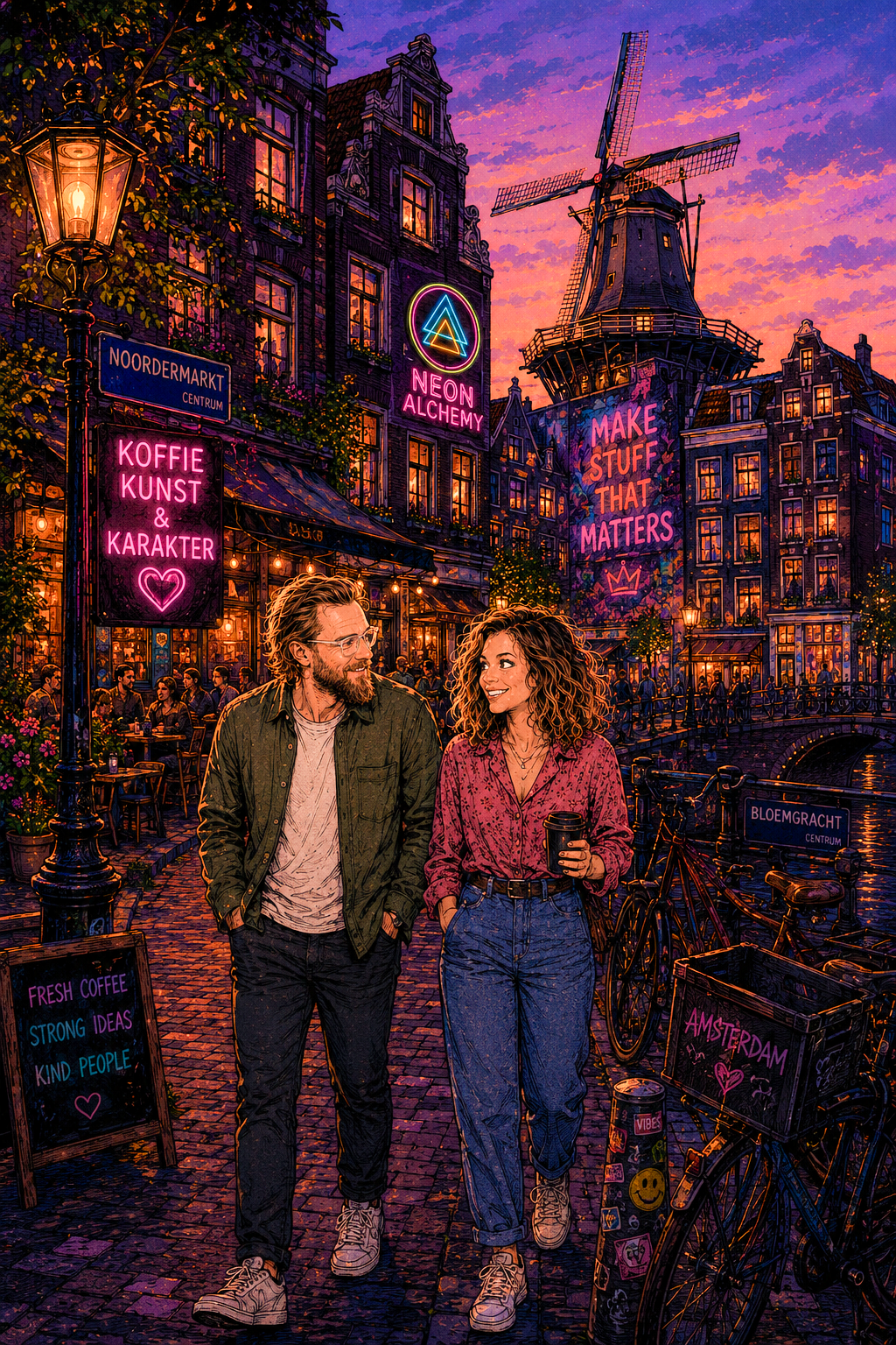 A vibrant artwork of a night scene in Amsterdam showing two people walking along a canal, engaging in conversation, with brick buildings, a windmill, and bright neon signs like 'Neon Alchemy' and 'Make Stuff That Matters,' illuminated cafes, bicycles, and colorful signboards.