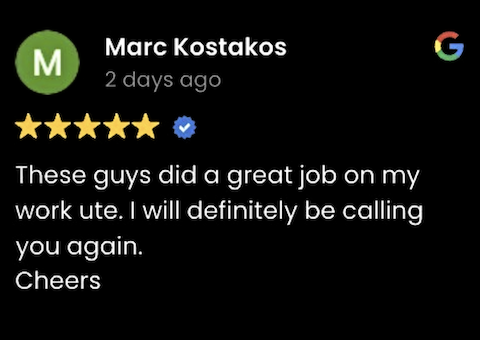 Screenshot of a five-star Google review from Marc Kostakos expressing satisfaction with a service on work site and stating he will call again.