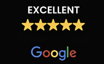 Black background with the word "EXCELLENT" above five yellow stars and the Google logo below.