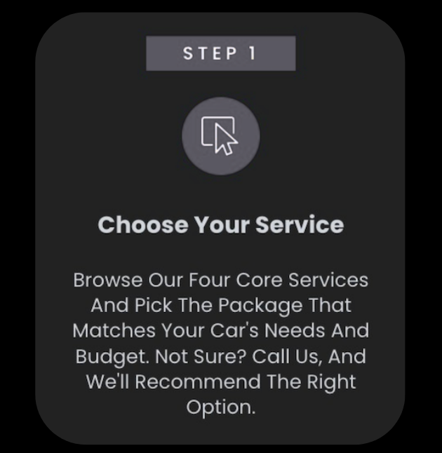 Mobile app screen titled 'Step 1: Choose Your Service' with instructions to browse four core services and pick a package that fits car needs and budget, or call for recommendations.