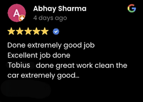 Screenshot of a Google review by Abhay Sharma praising Tobiuss for excellent work cleaning a car.