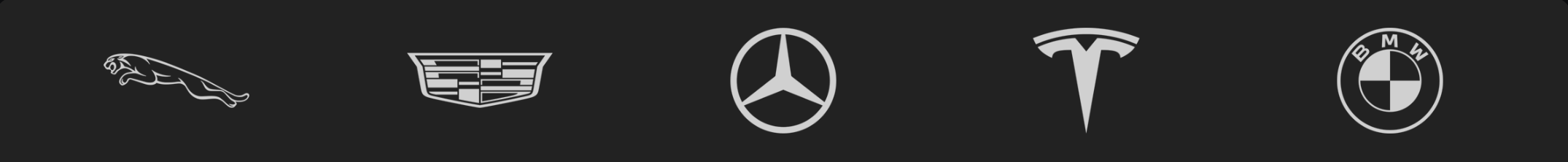 Logos of Jaguar, Cadillac, Mercedes-Benz, Tesla, BMW, and BMW at the bottom on a black background.