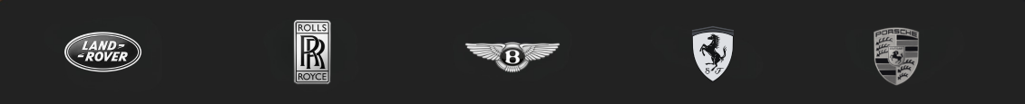 A black background with a row of six luxury car brand logos, including Land Rover, Rolls-Royce, Bentley, Ferrari, and Porsche.