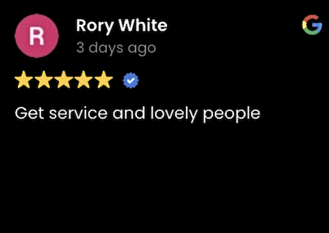 Screenshot of a Google review by Rory White with five stars and a verified badge, praising service and nice people.