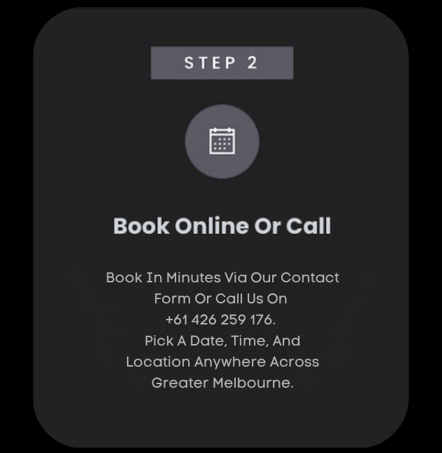 Instructions for booking an appointment listed with a calendar icon, including contact phone number and options to book online or call.