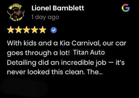 Screenshot of a Google review by Lionel Bamblett, giving five stars, mentioning a Kia Carnival and auto detailing service.