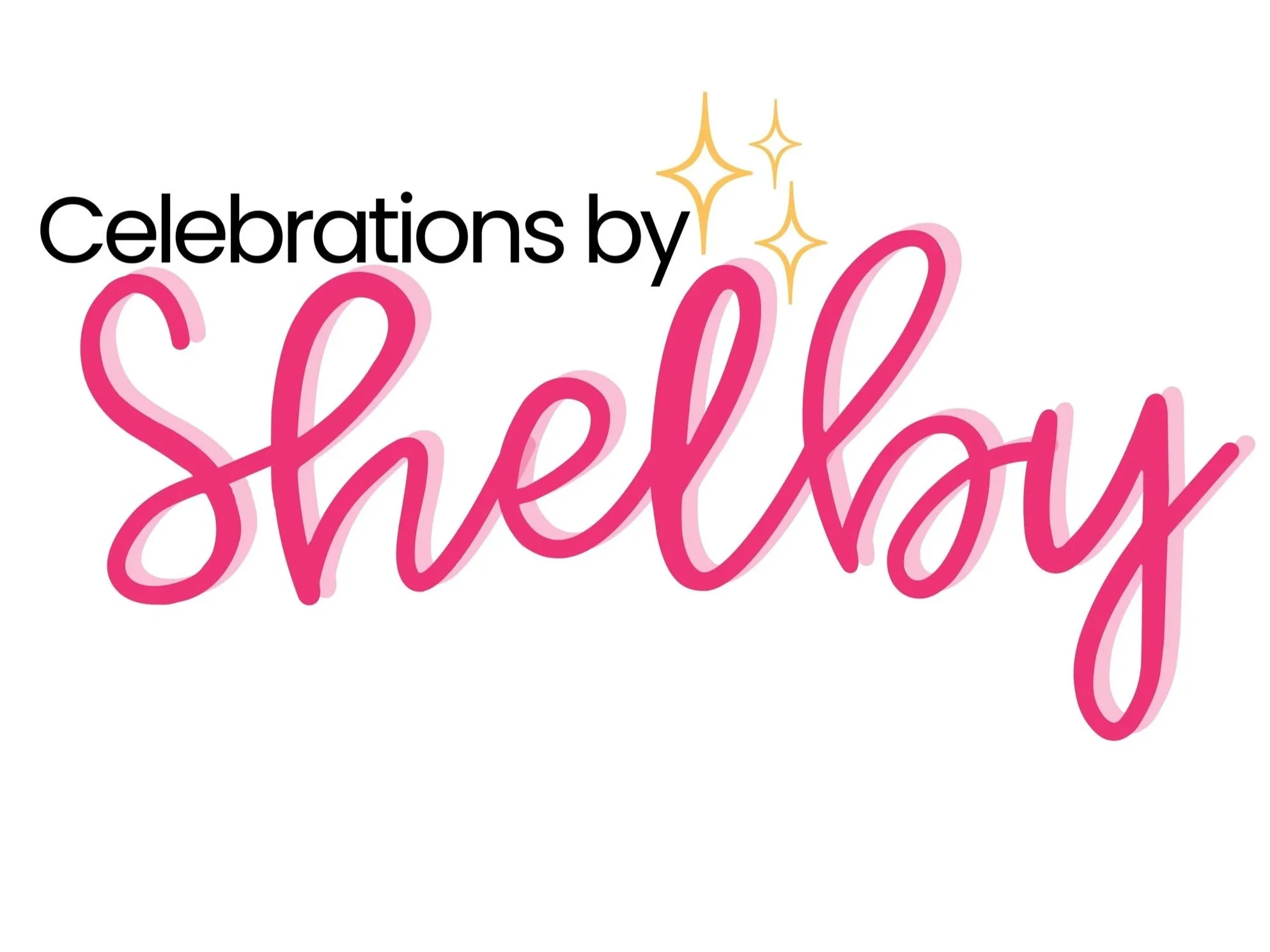 Celebrations by Shelbby logo with black and pink text and gold star decorations.