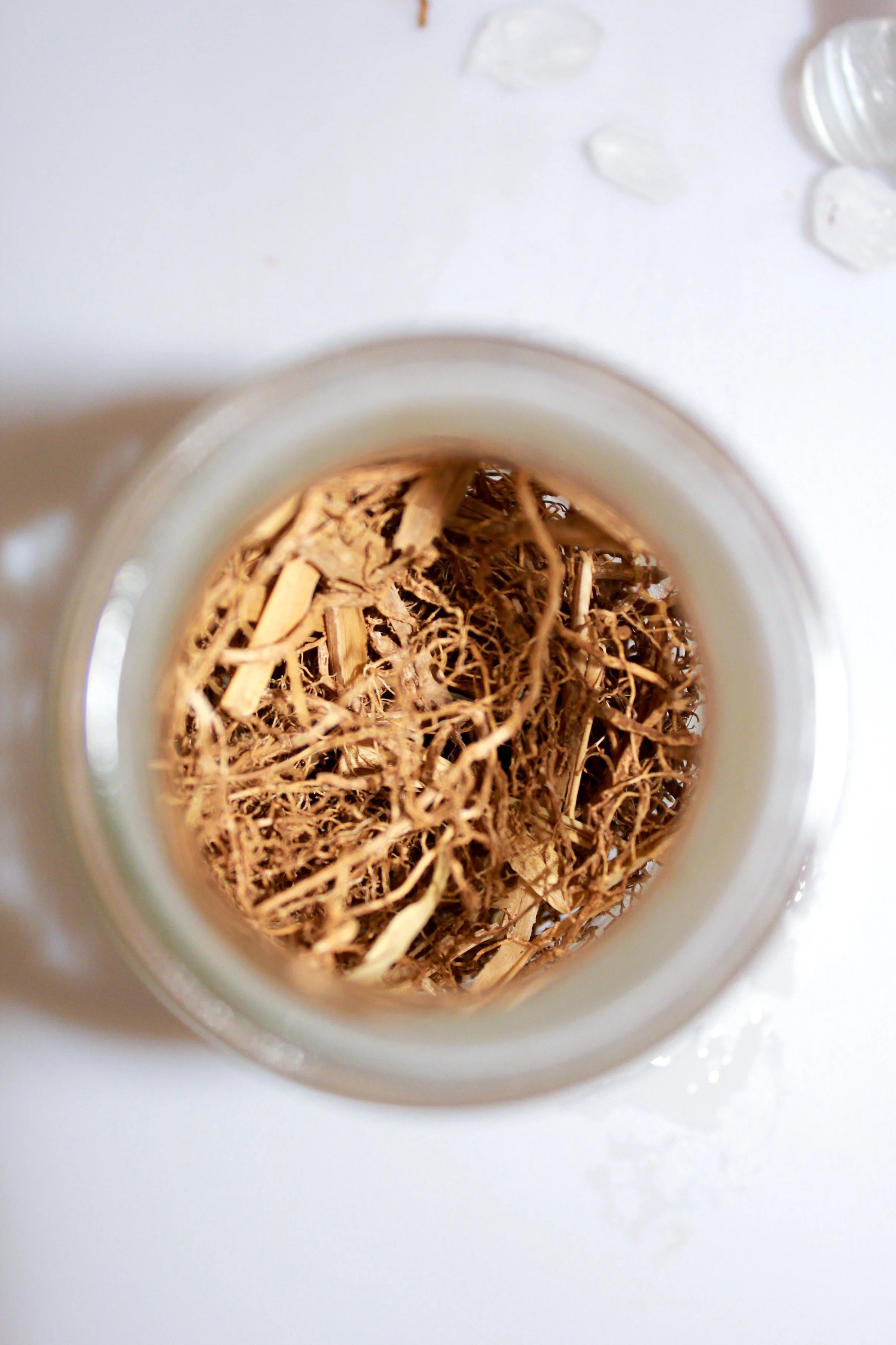 Close-up of dried vetiver roots inside a glass perfume ingredient jar.