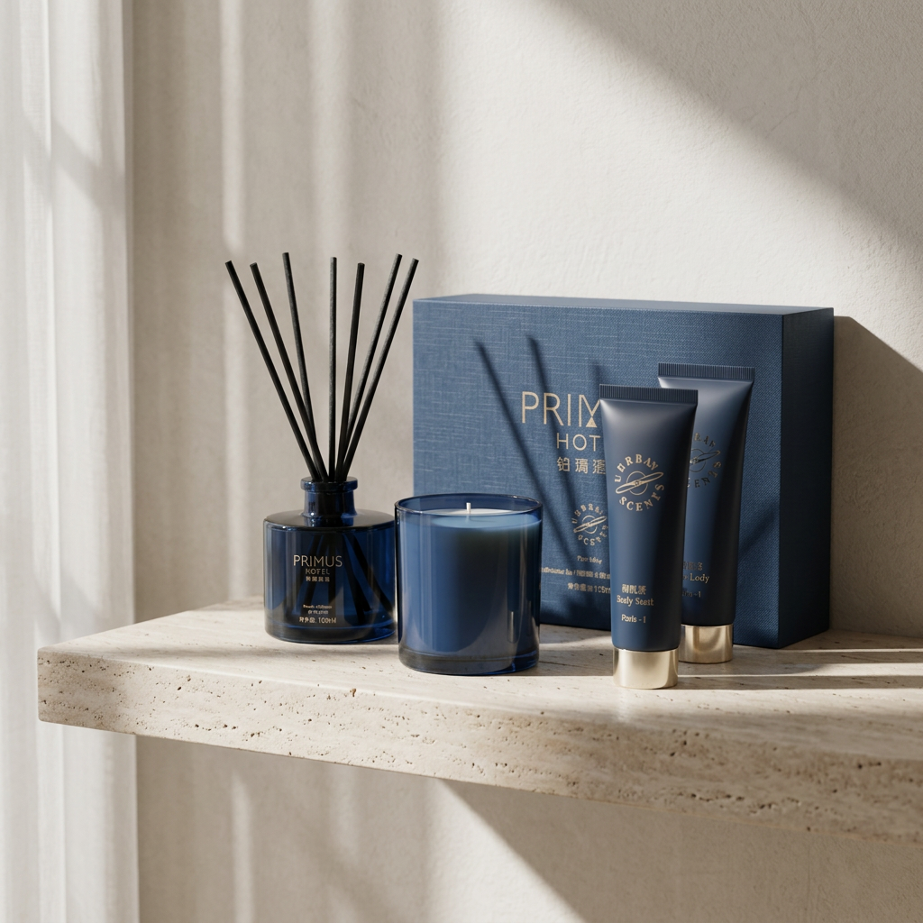 A collection of blue and black scented candles, a diffuser, and a blue gift box with gold lettering on a beige marble shelf.