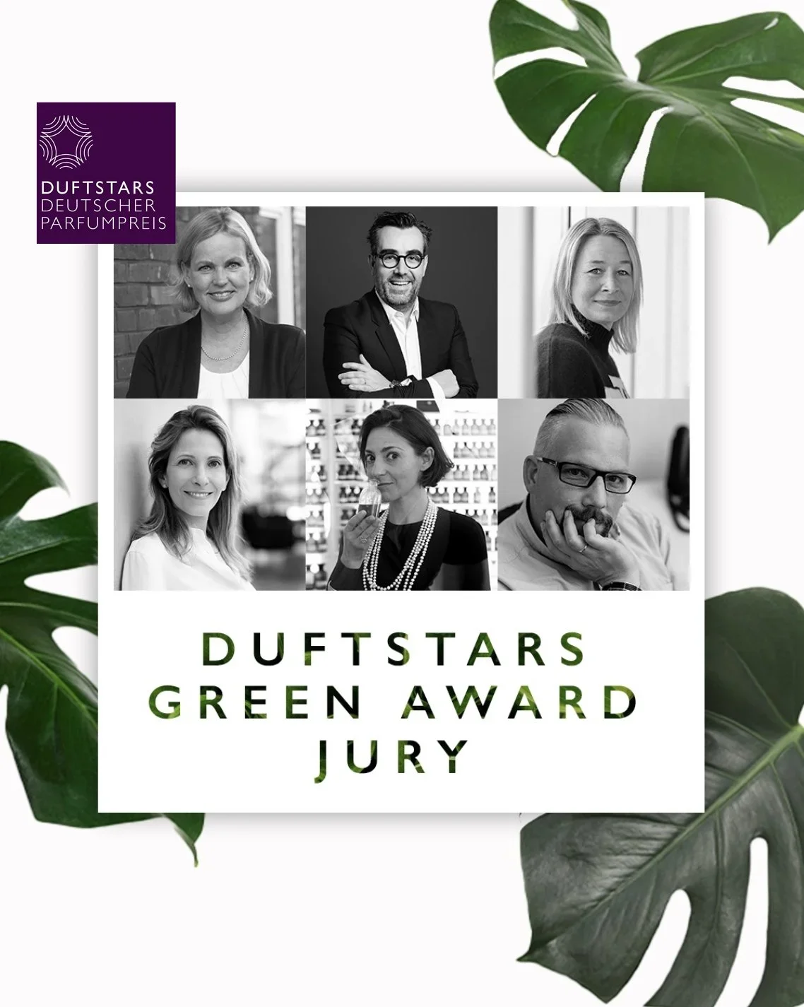 A digital collage for the Duftstars Green Award Jury featuring six black-and-white portraits of diverse individuals, with green foliage in the corners and the text "DUTSTAR GREEN AWARD JURY" in bold dark green letters.