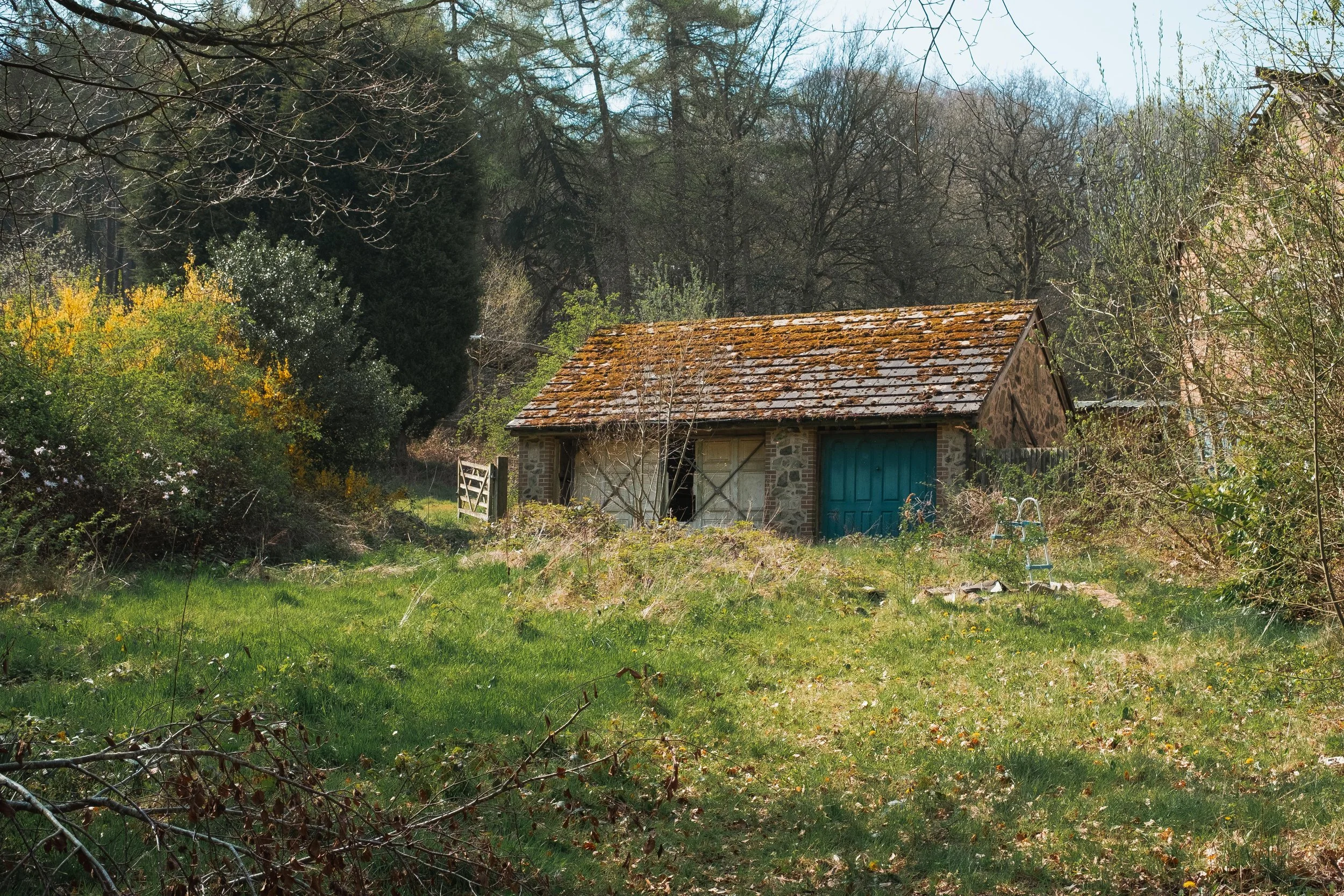 A small, rustic stone shed with a rusty, moss-covered roof, surrounded by overgrown grass, bushes, and trees on a bright, partly cloudy day.