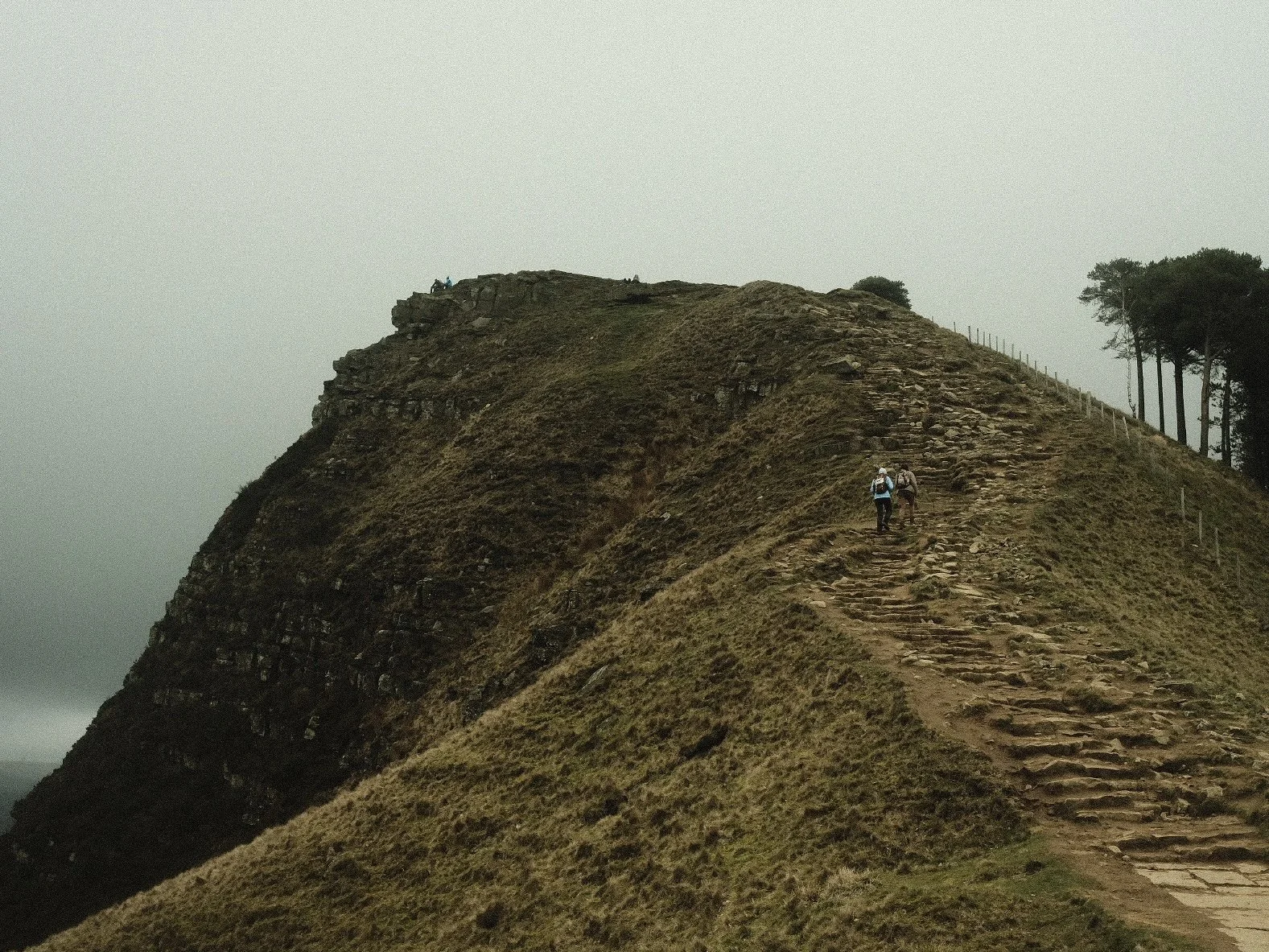 Hikers walking up a steep, grassy mountain trail with stone steps, surrounded by a cloudy sky and sparse trees.