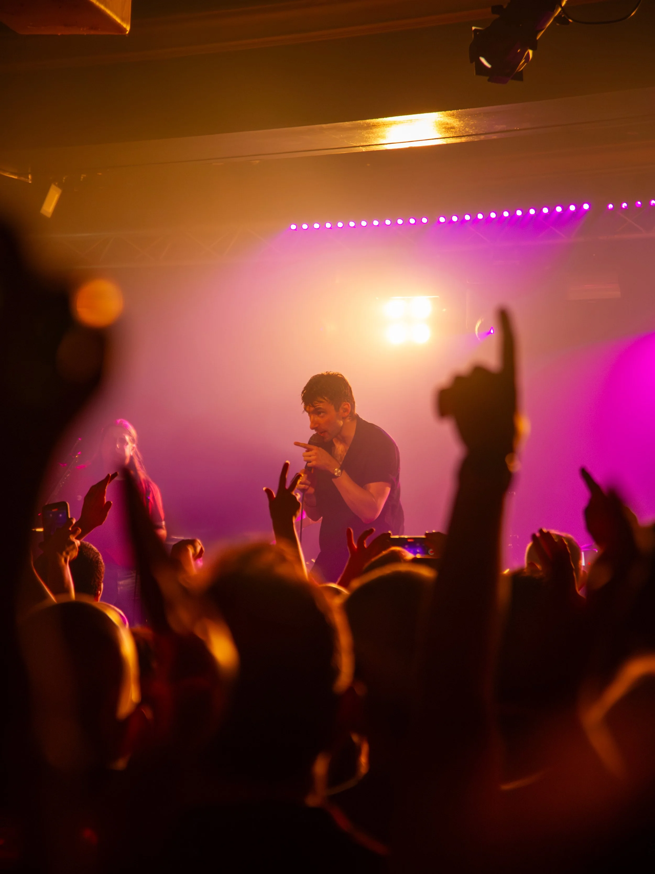 A singer performing on stage at a concert with purple and yellow lighting, surrounded by an audience with raised hands.