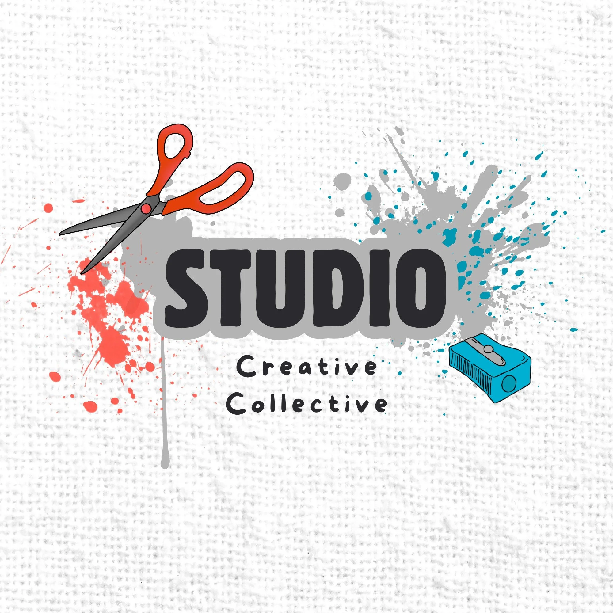 A pair of orange scissors cutting a piece of gray paper, with blue and gray paint splatters on a textured white background. The text 'STUDIO' and 'Creative' are partially visible.