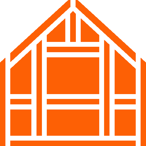 Outline of a house under construction with framing.