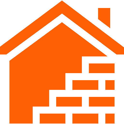 Icon representing a house with a brick wall and an orange roof.