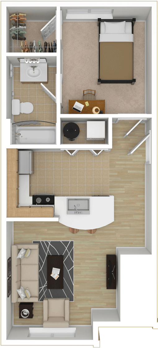 Top-down view of a small apartment with a bedroom, bathroom, kitchen, living room, and walk-in closet.