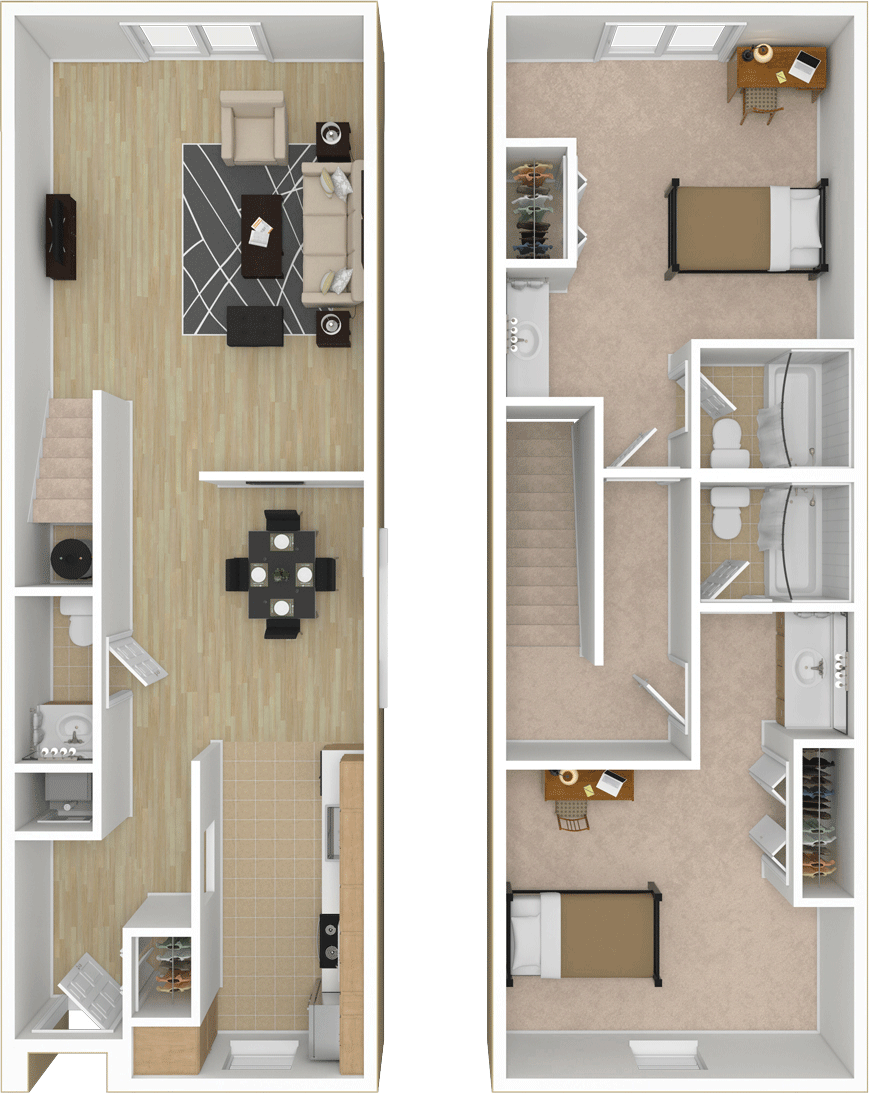 Top-down view of a two-story house with the first-floor living room, dining area, kitchen, and bathroom, and the second-floor bedrooms, bathroom, and a small study area.