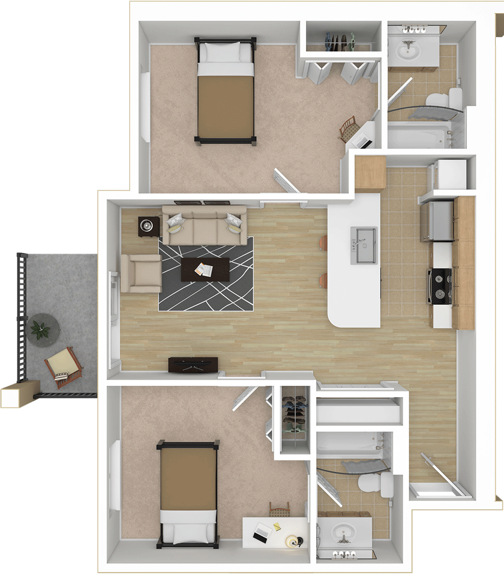 A 3D floor plan of a two-bedroom apartment with a living room, kitchen, two bathrooms, two bedrooms, a balcony, and closets.