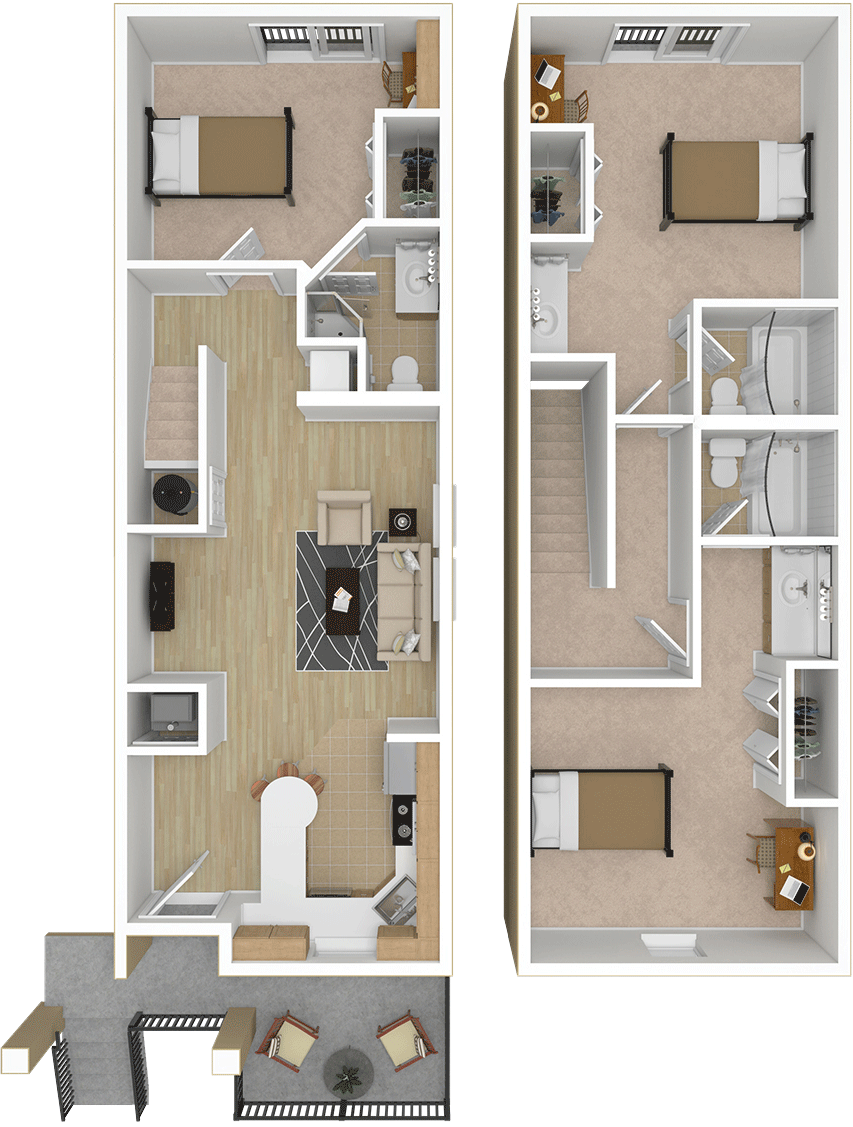 A two-story apartment floor plan with a living room, kitchen, bathroom, bedroom, office area, and balcony.