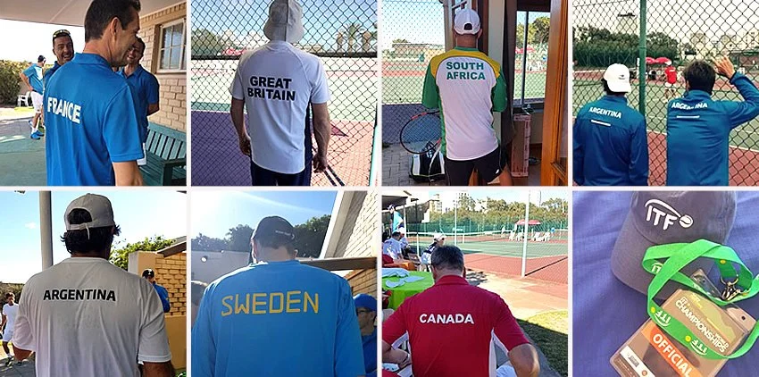 Collage of men at a tennis facility, wearing jerseys representing different countries including France, Great Britain, South Africa, Argentina, Sweden, and Canada, with some holding tennis rackets and attending a tennis event.