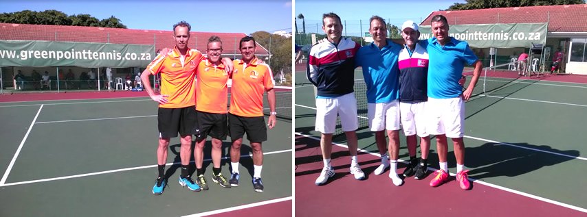 Two groups of four men each standing on tennis courts, with a green point tennis banner in the background. The men are dressed in sportswear, with two in orange shirts and three in various colorful shirts, posing for photos.
