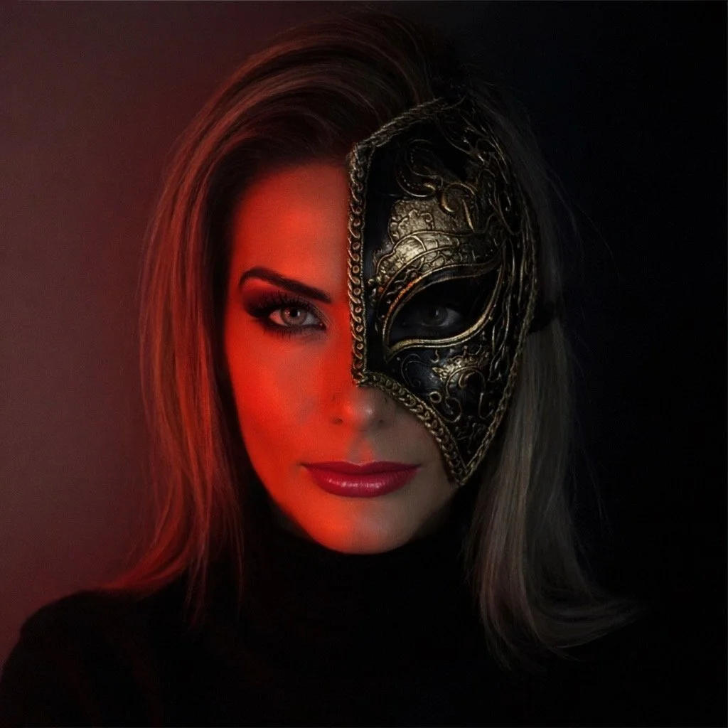 A woman with half of face covered by an ornate, black and gold mask, with the other half showing her face and shoulder, makeup, and styled hair, against a dark background.