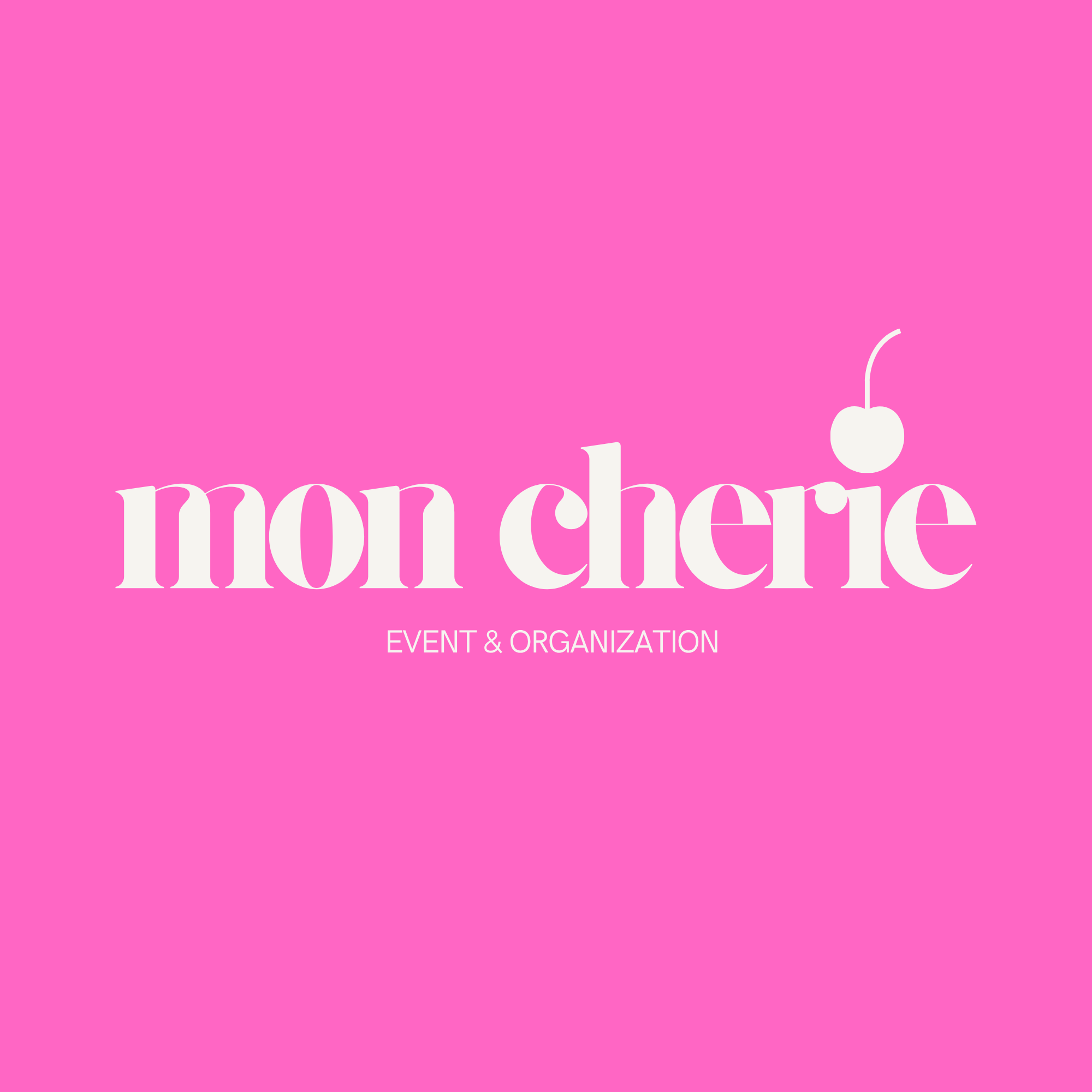 Pink background with white text reading 'mon cherie' and 'event & organization' beneath it, with a cherry graphic above the letter 'i'.