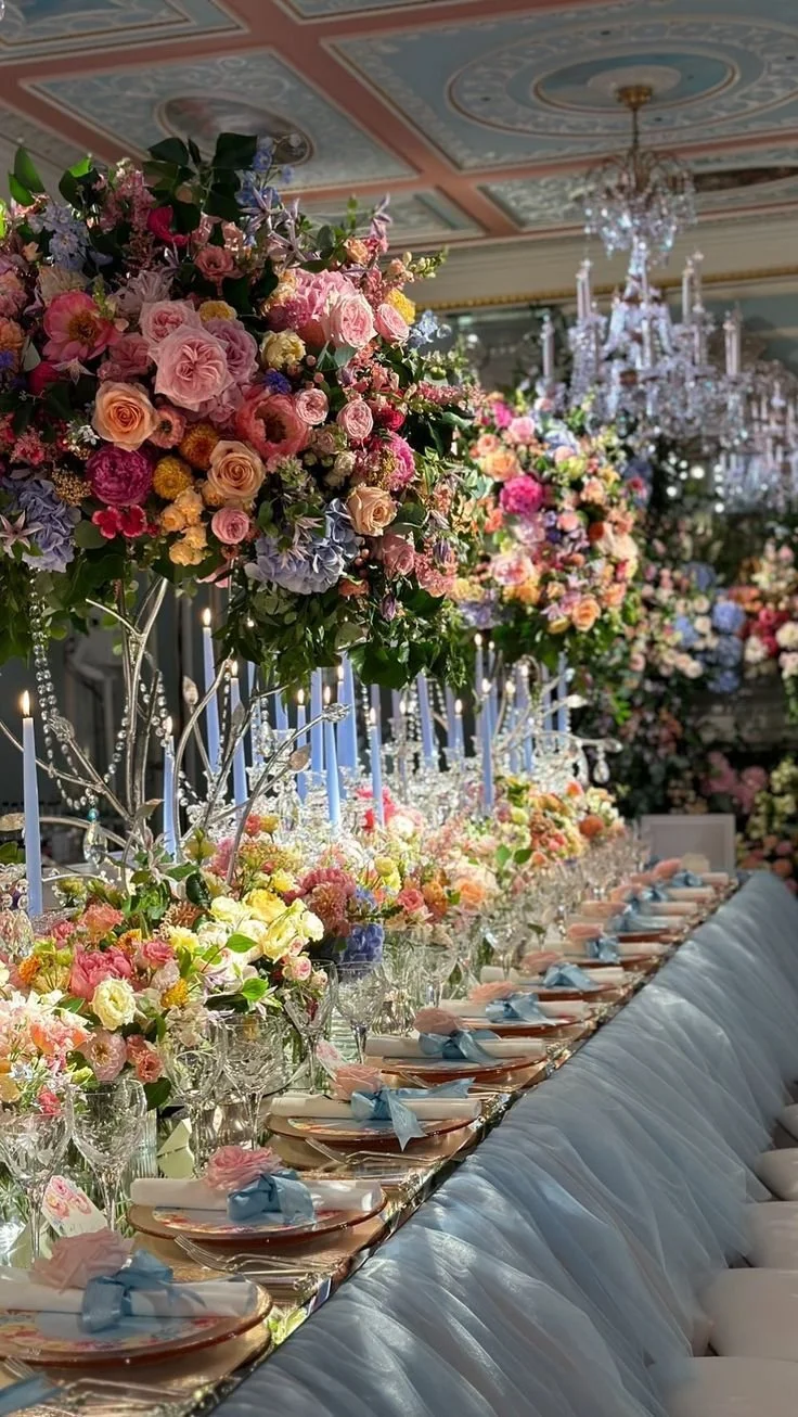 Elegant indoor wedding reception with a long table decorated with colorful floral arrangements, tall candleholders with pink and blue candles, and a crystal chandelier hanging from the ornate ceiling.