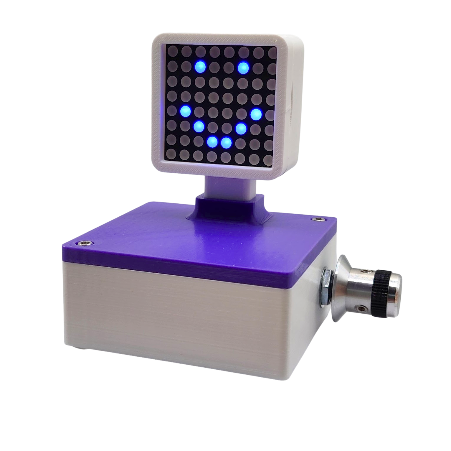 8x8 block display, white base, purple top, blue LED