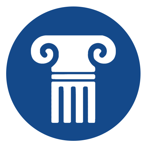 White classical column pillar icon on a blue circular background