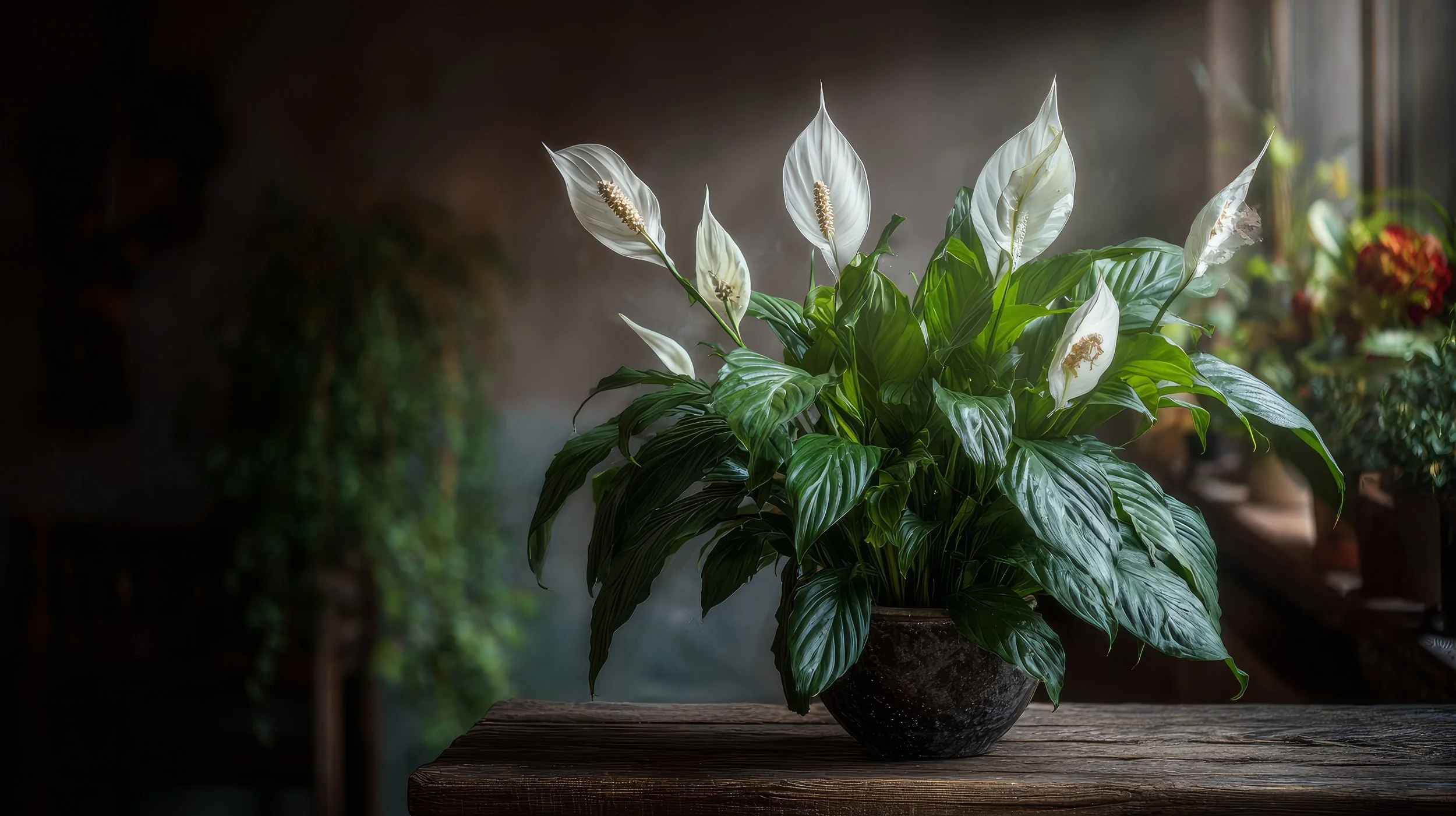 A potted peace lily plant with large green leaves and white spathe flowers sitting on a wooden surface inside a room with subdued lighting.