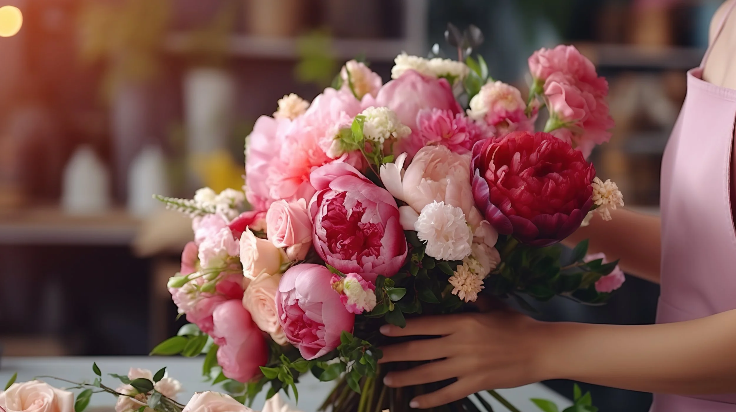 A person holding a colorful bouquet of pink, white, and red flowers in a florist shop.