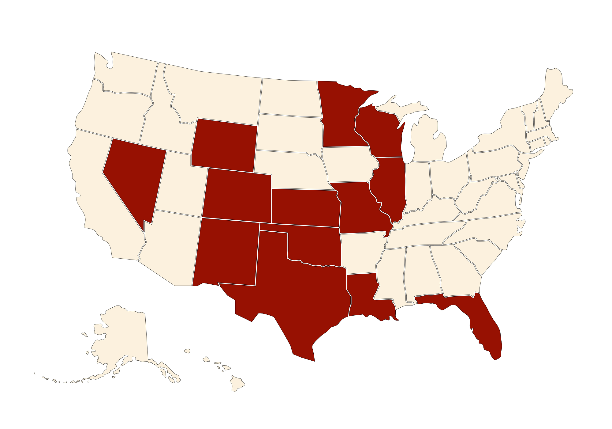 Map showing Premier Adjustment Group service areas in red across Texas, Louisiana, New Mexico, Colorado, Oklahoma, Nevada, Wisconsin, Kansas, Minnesota, Florida, Illinois, Missouri, and Wyoming. Non-service areas are shown in cream.