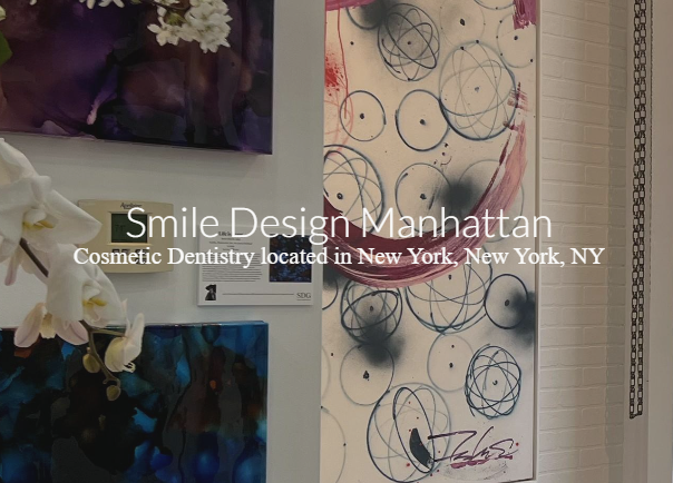 Sign for Smile Design Manhattan, a cosmetic dentistry office in New York, NY, with abstract artwork on the wall.