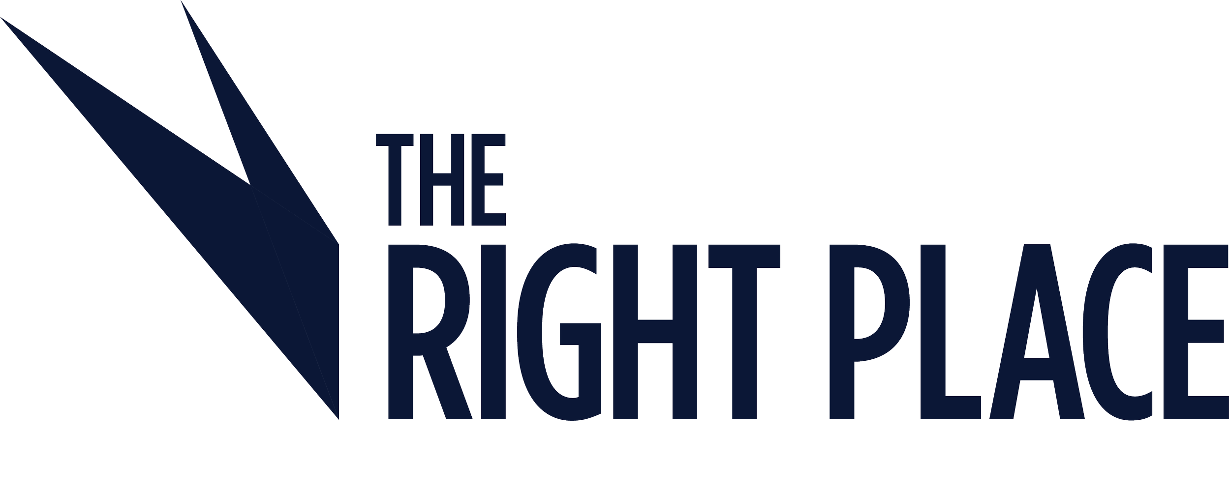 Logo of The Right Place featuring a stylized triangles, with the words "The Right Place" in dark blue capital letters to the right of the triangles.