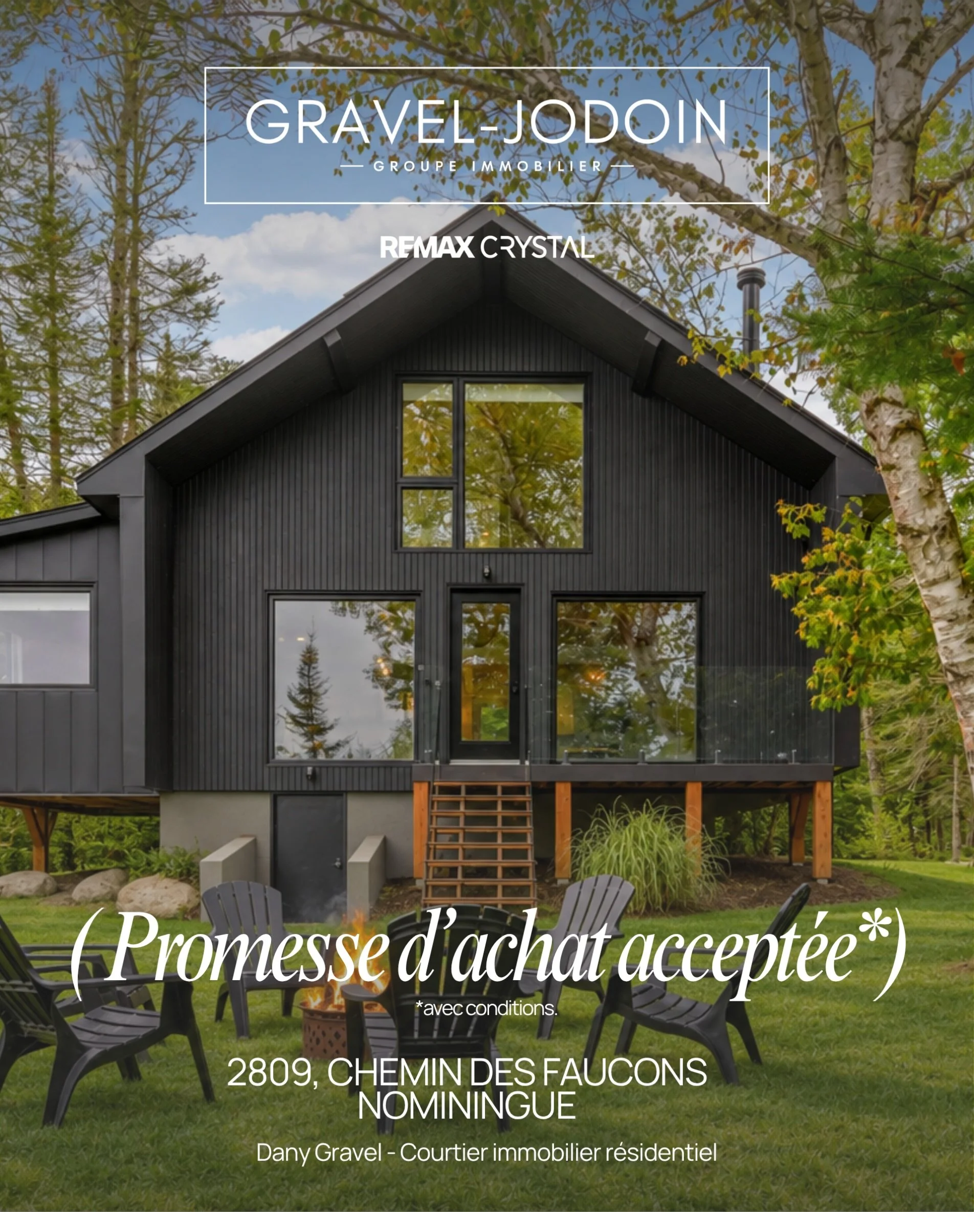 🏡 PROMESSE D&rsquo;ACHAT ACCEPT&Eacute;E ! 🎉

Une belle nouvelle pour ce magnifique chalet situ&eacute; au 2809, chemin des Faucons &agrave; Nominingue ! 🌲

F&eacute;licitations aux futurs acheteurs pour cette promesse d&rsquo;achat accept&eacute;
