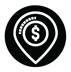 Icon of a location pin with a dollar sign and a gauge.