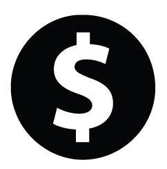 Black circle with a white dollar sign in the center