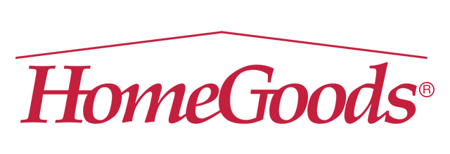 HomeGoods logo in red text with a stylized red line above it.