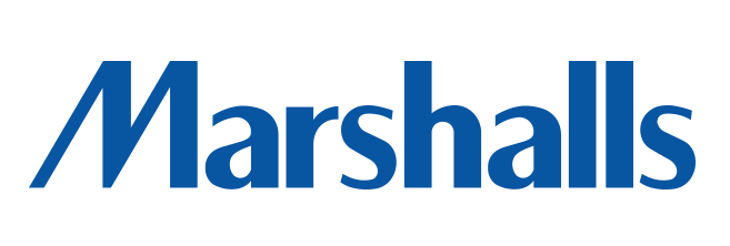 Marshalls logo with blue text on a black background.